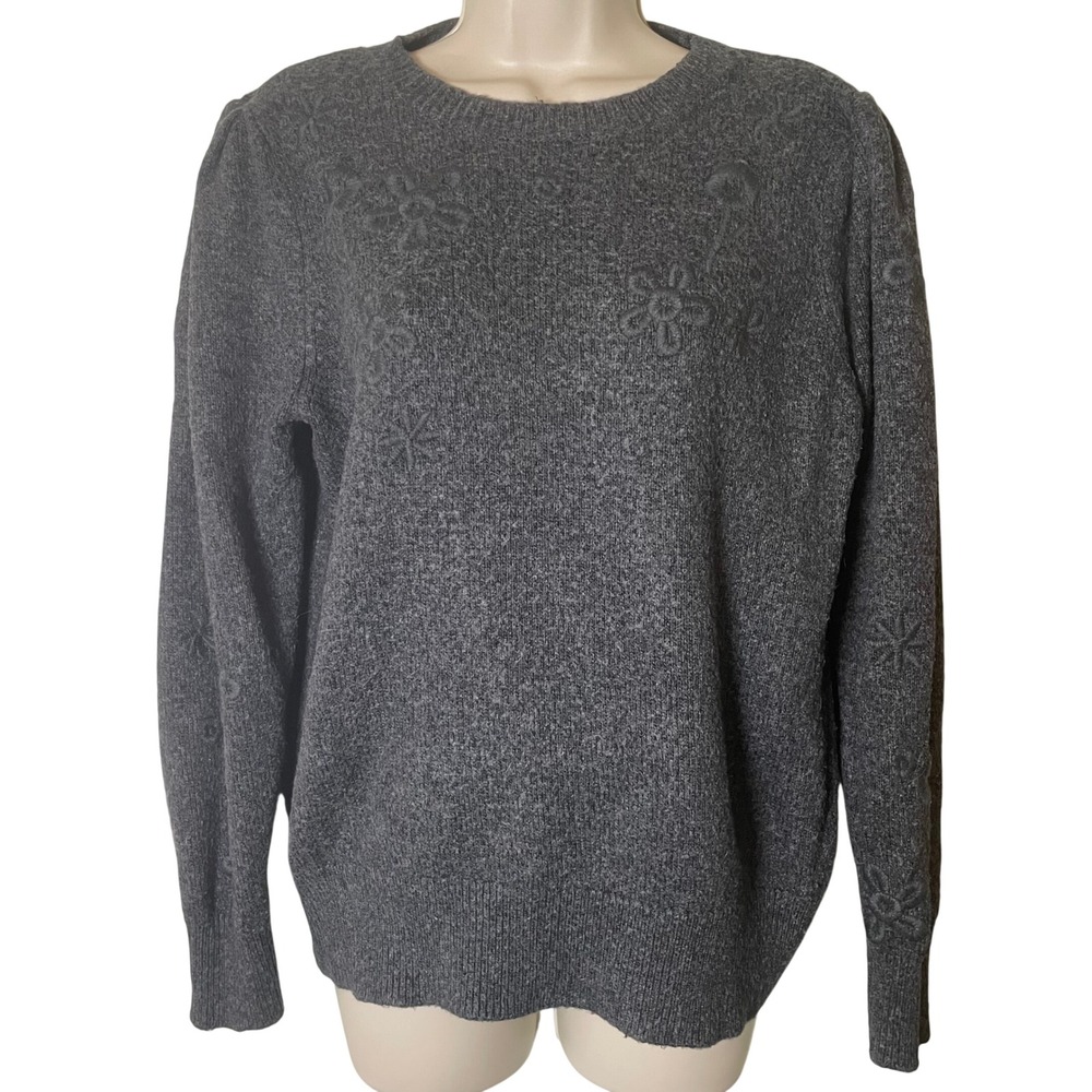Crown & Ivy Womens Gray Embroidered Floral Crewneck Sweater Size Large